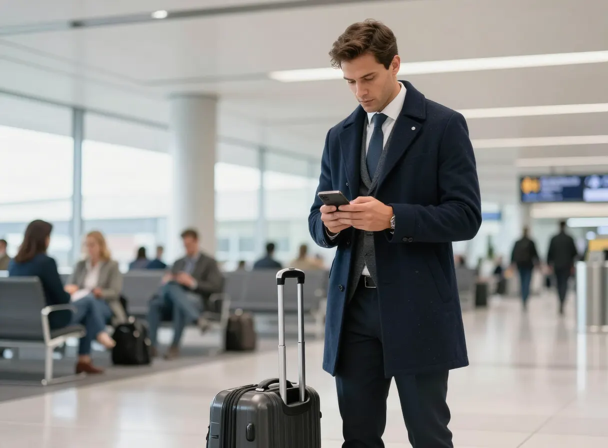 Traveller completing a secure online payment at a London airport lounge