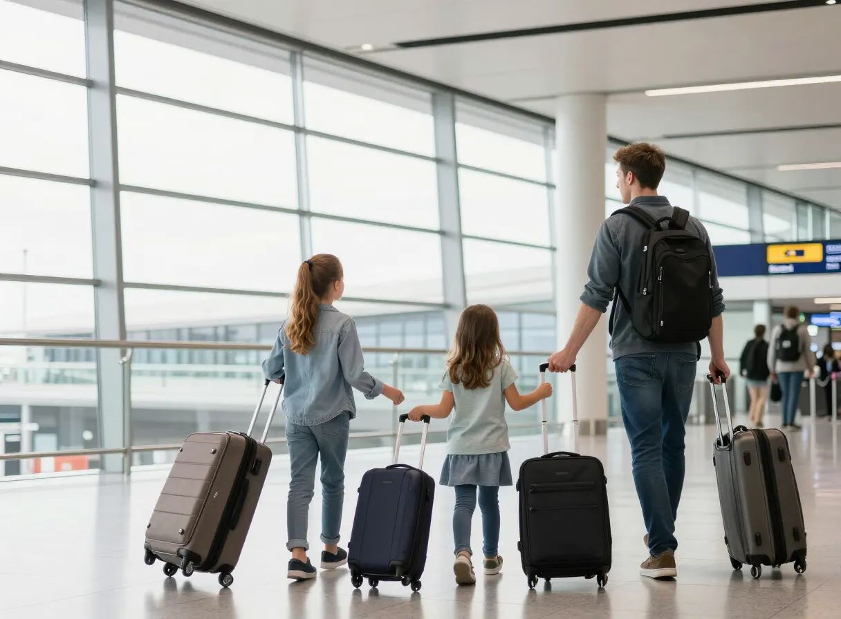 Family with luggage walking through a London airport terminal