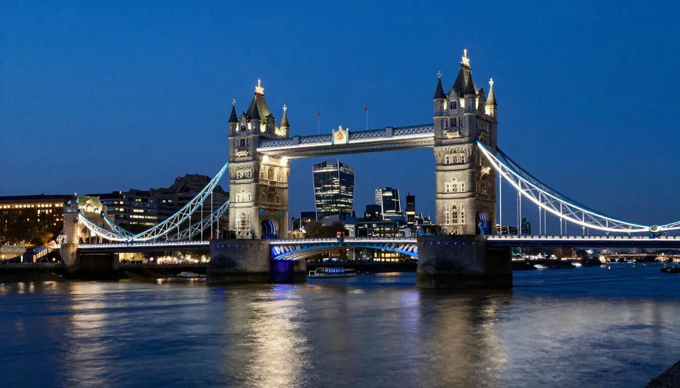Tower Bridge and the London skyline at dusk